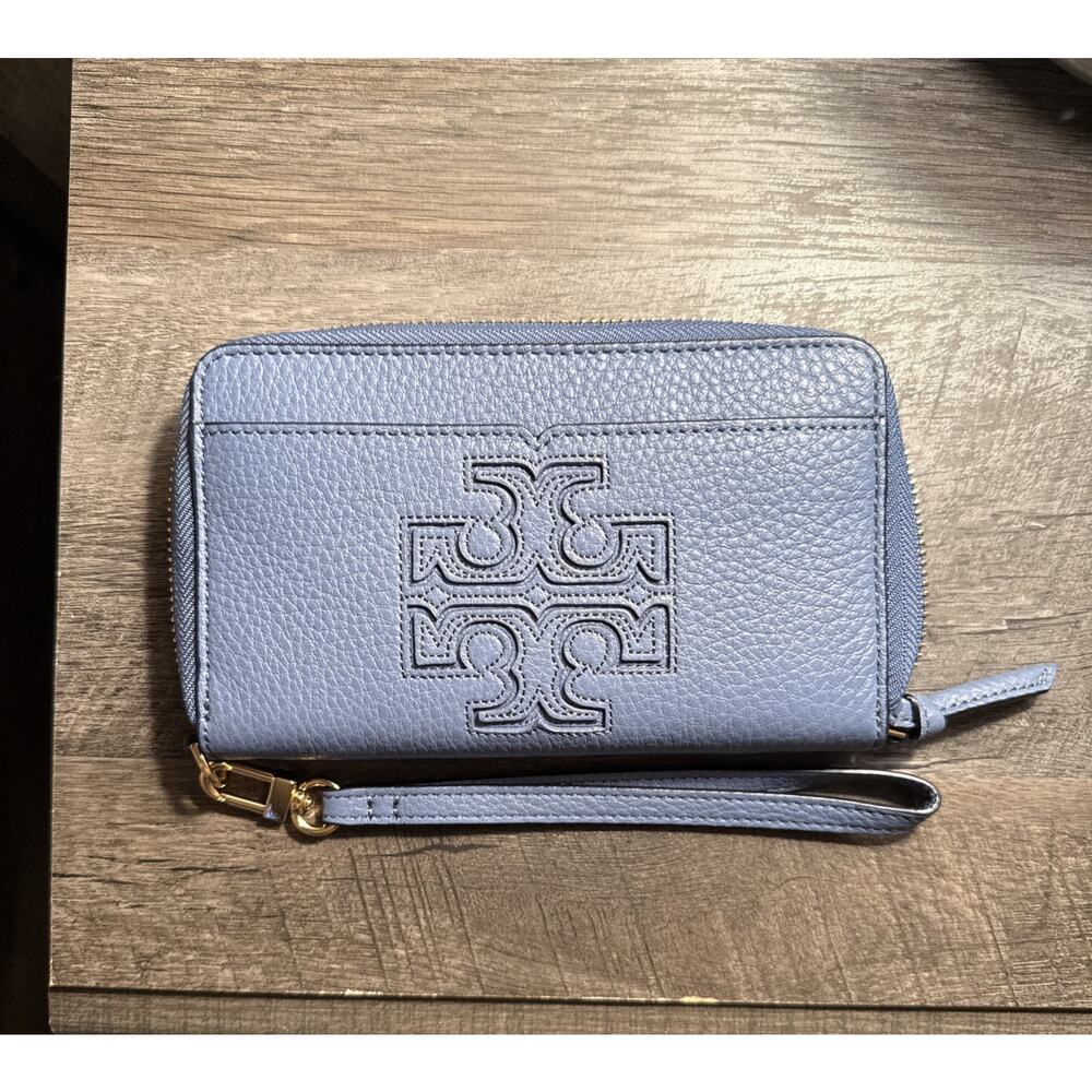 Tory Burch Harper Zip Wallet Slate Blue Pebbled